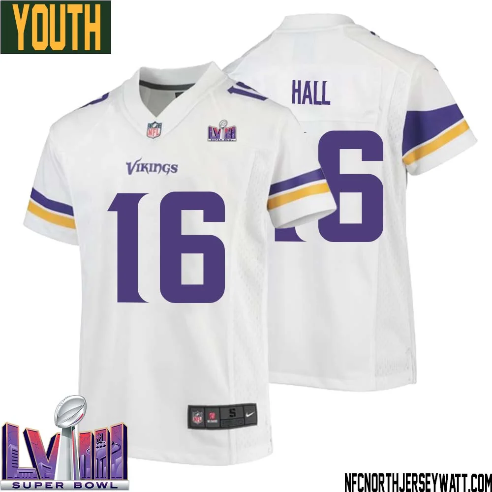 Jaren Hall No 16 Minnesota Vikings Super Bowl LVIII Away Game Jersey White for Youth 1