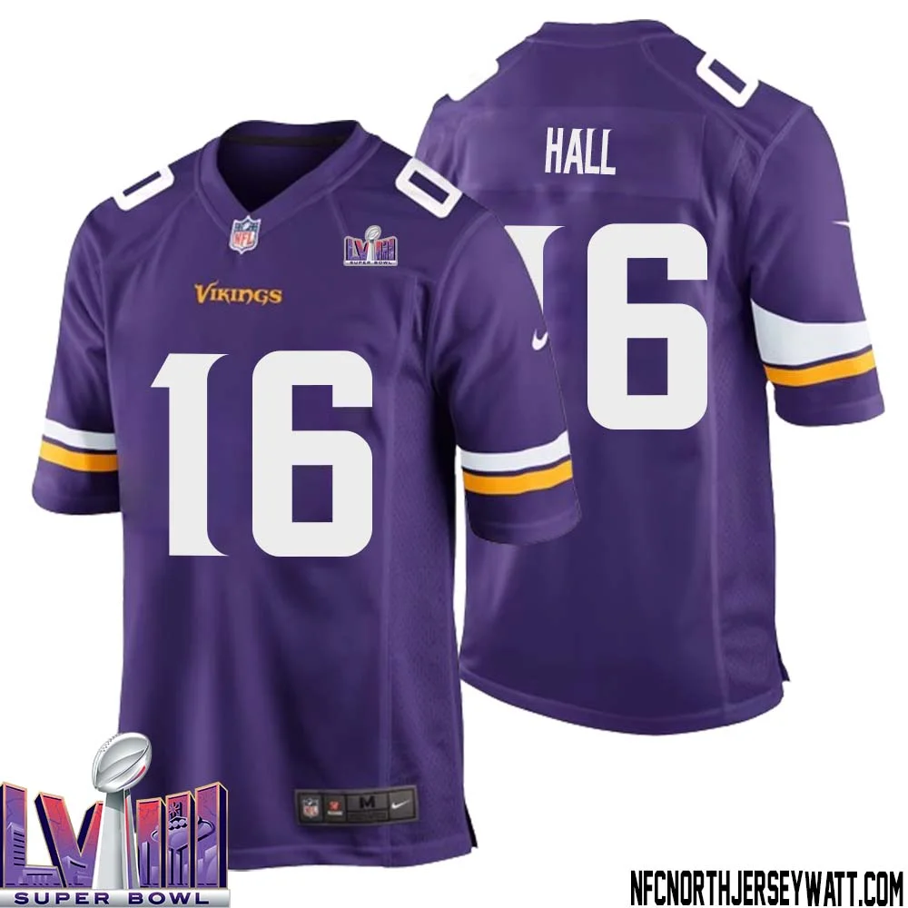 Jaren Hall No 16 Minnesota Vikings Super Bowl LVIII Home Game Jersey Court Purple for Mens 1