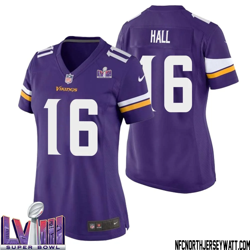 Jaren Hall No 16 Minnesota Vikings Super Bowl LVIII Home Game Jersey Court Purple for Women 1