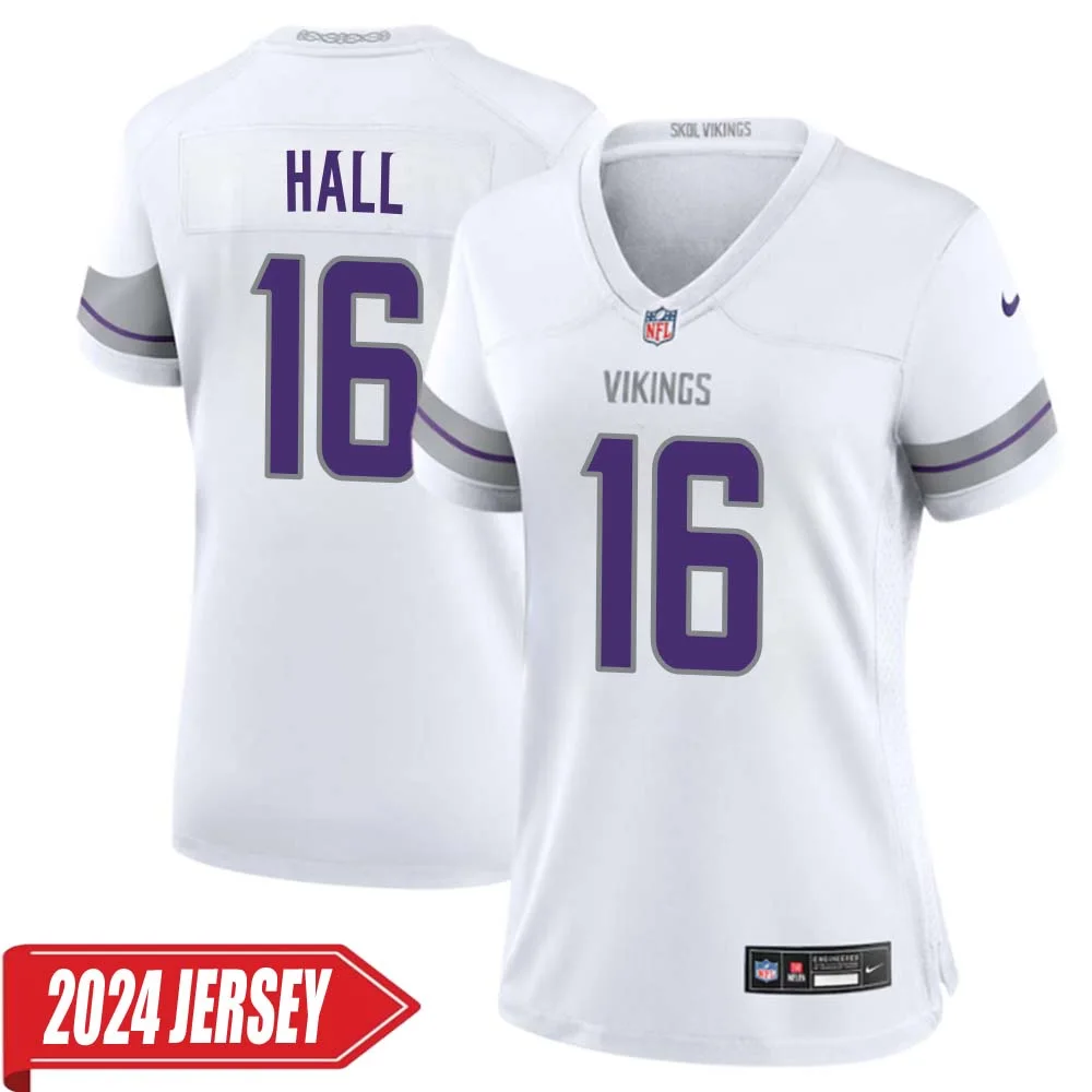 Jaren Hall No 16 Woman s Minnesota Vikings White Alternate Custom Game 2024 Jersey