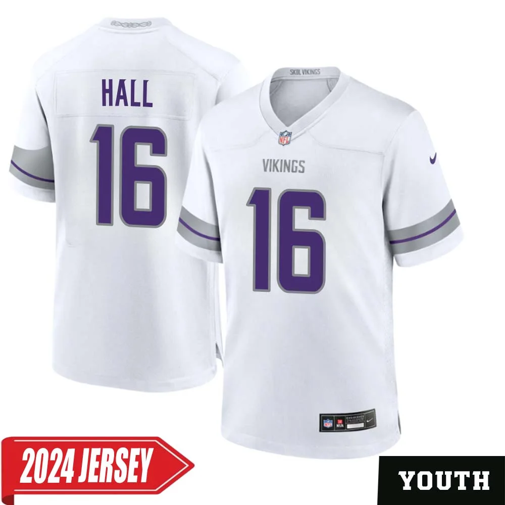 Jaren Hall No 16 Youth s Minnesota Vikings White Alternate Custom Game 2024 Jersey