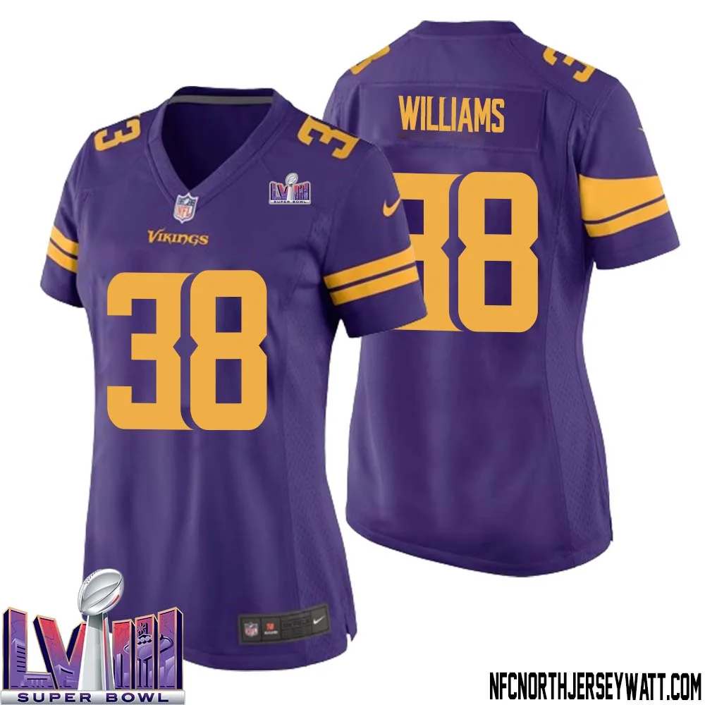 Jaylin Williams No 38 Minnesota Vikings Super Bowl LVIII Alternate Game Jersey Purple for Women