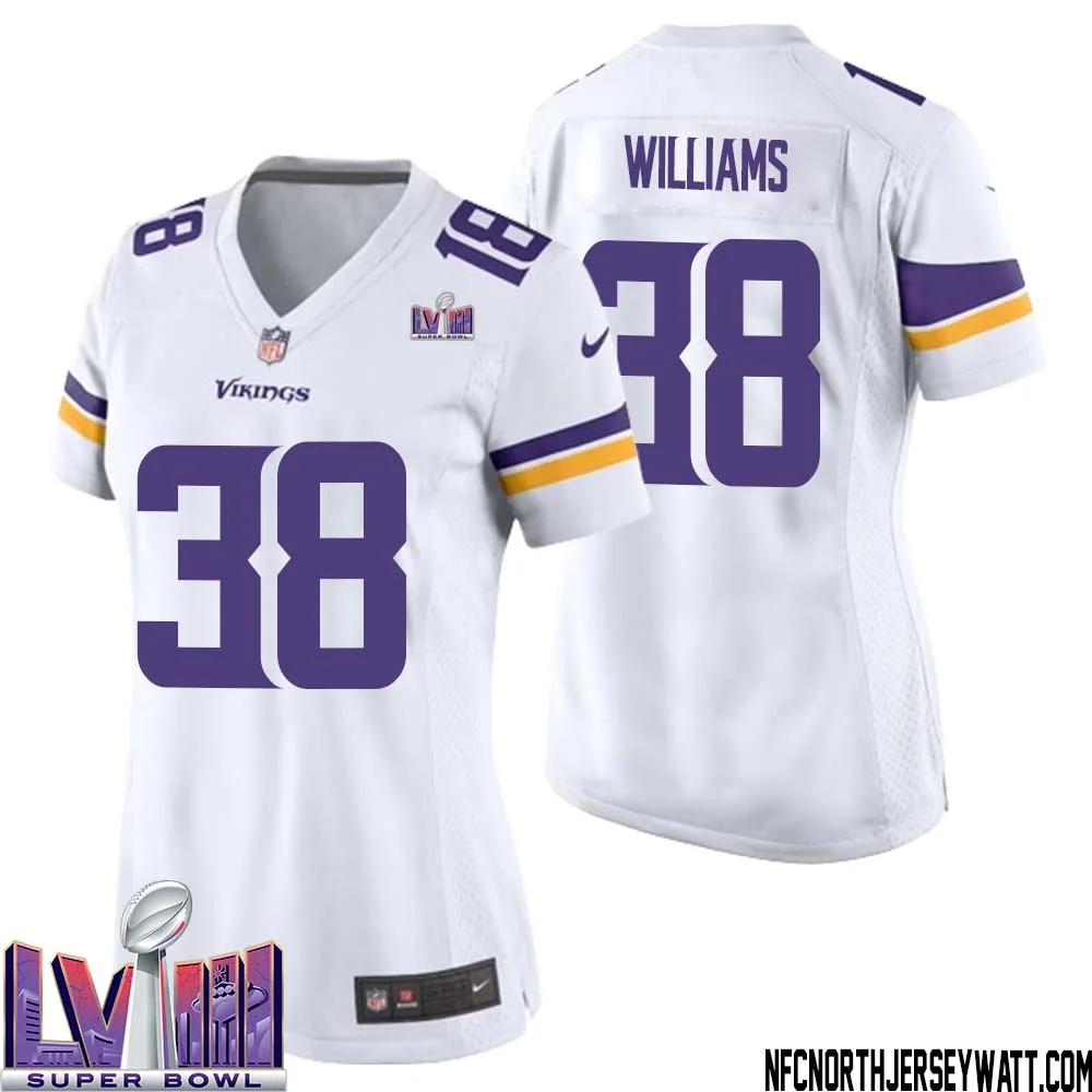 Jaylin Williams No 38 Minnesota Vikings Super Bowl LVIII Away Game Jersey White for Women 1