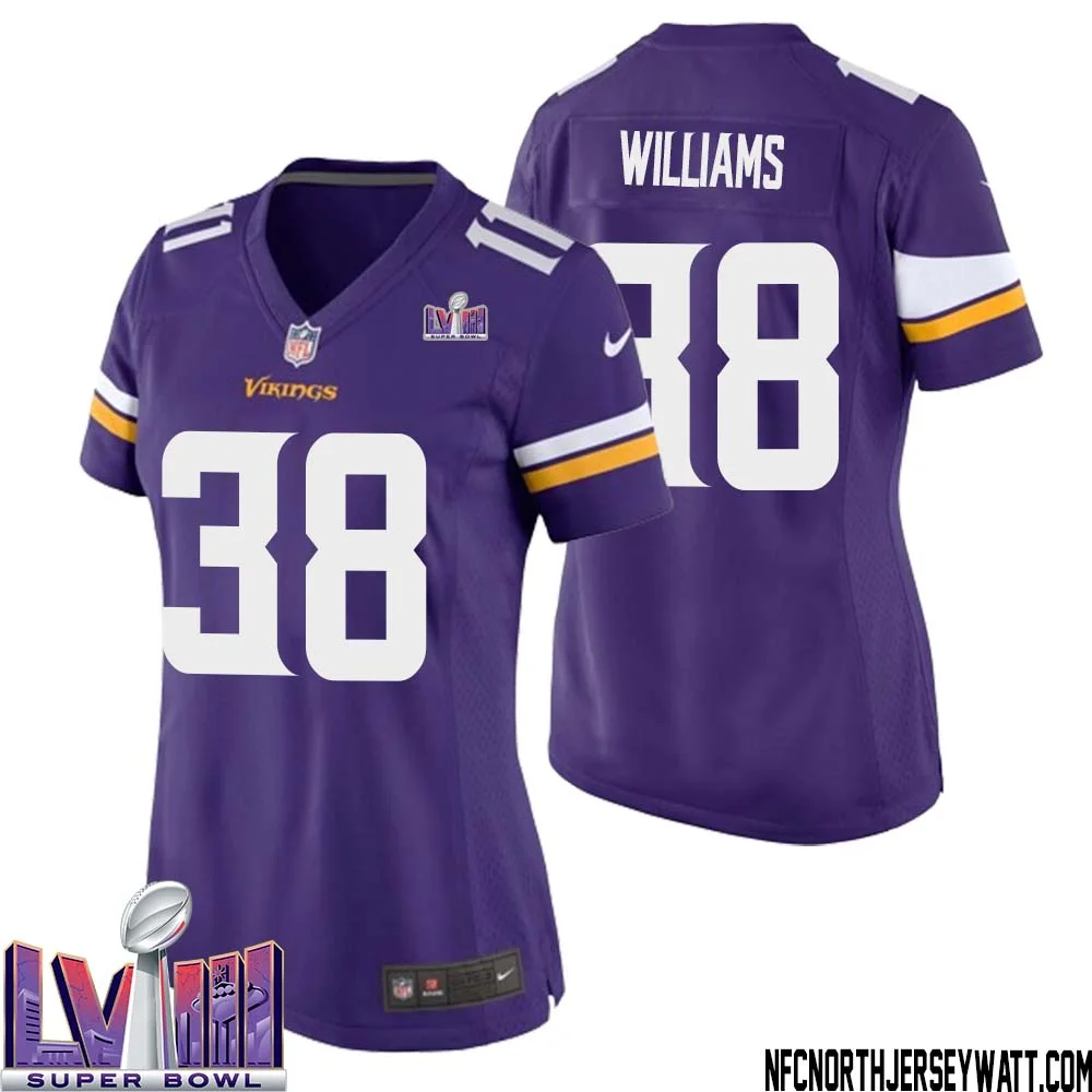 Jaylin Williams No 38 Minnesota Vikings Super Bowl LVIII Home Game Jersey Court Purple for Women
