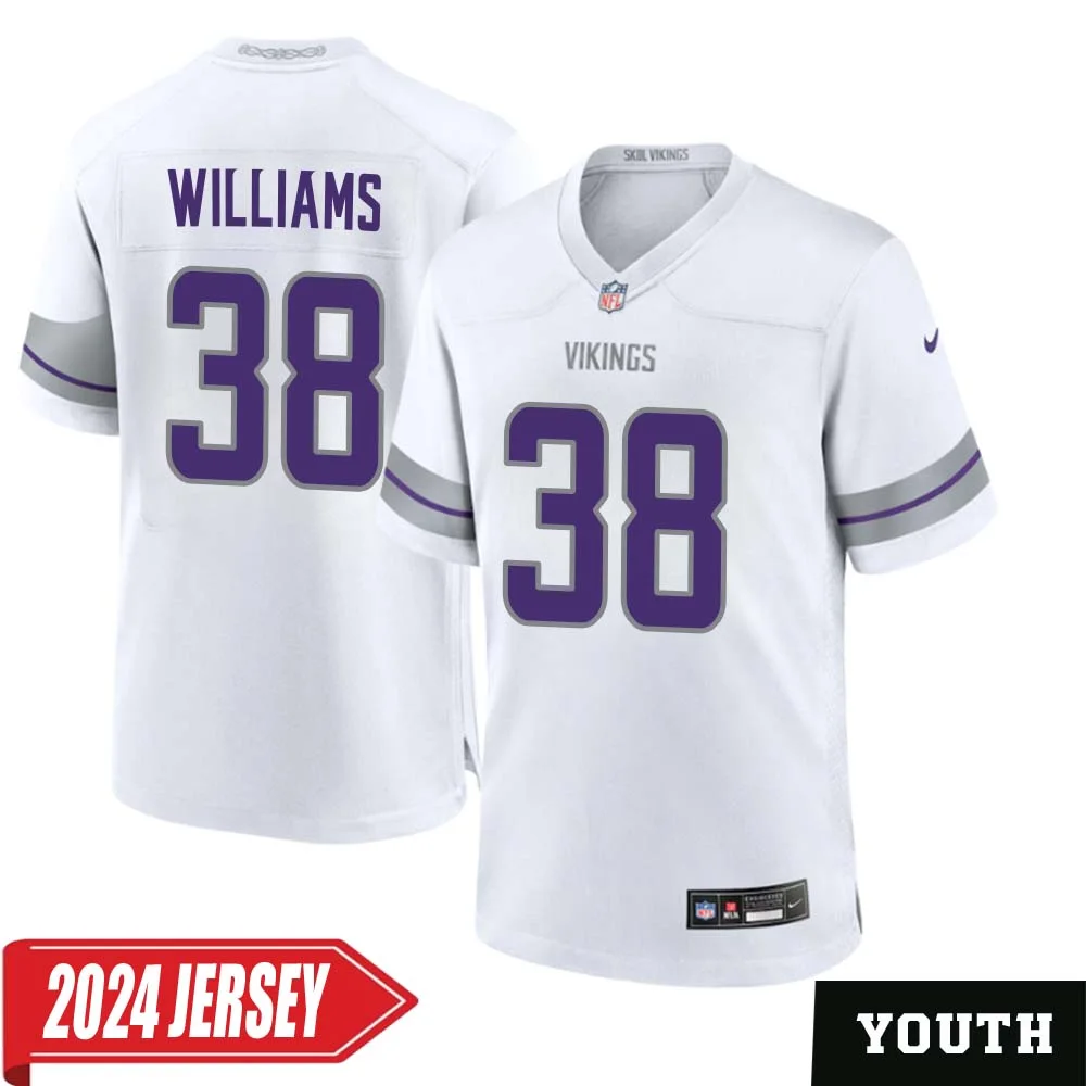 Jaylin Williams No 38 Youth s Minnesota Vikings White Alternate Custom Game 2024 Jersey