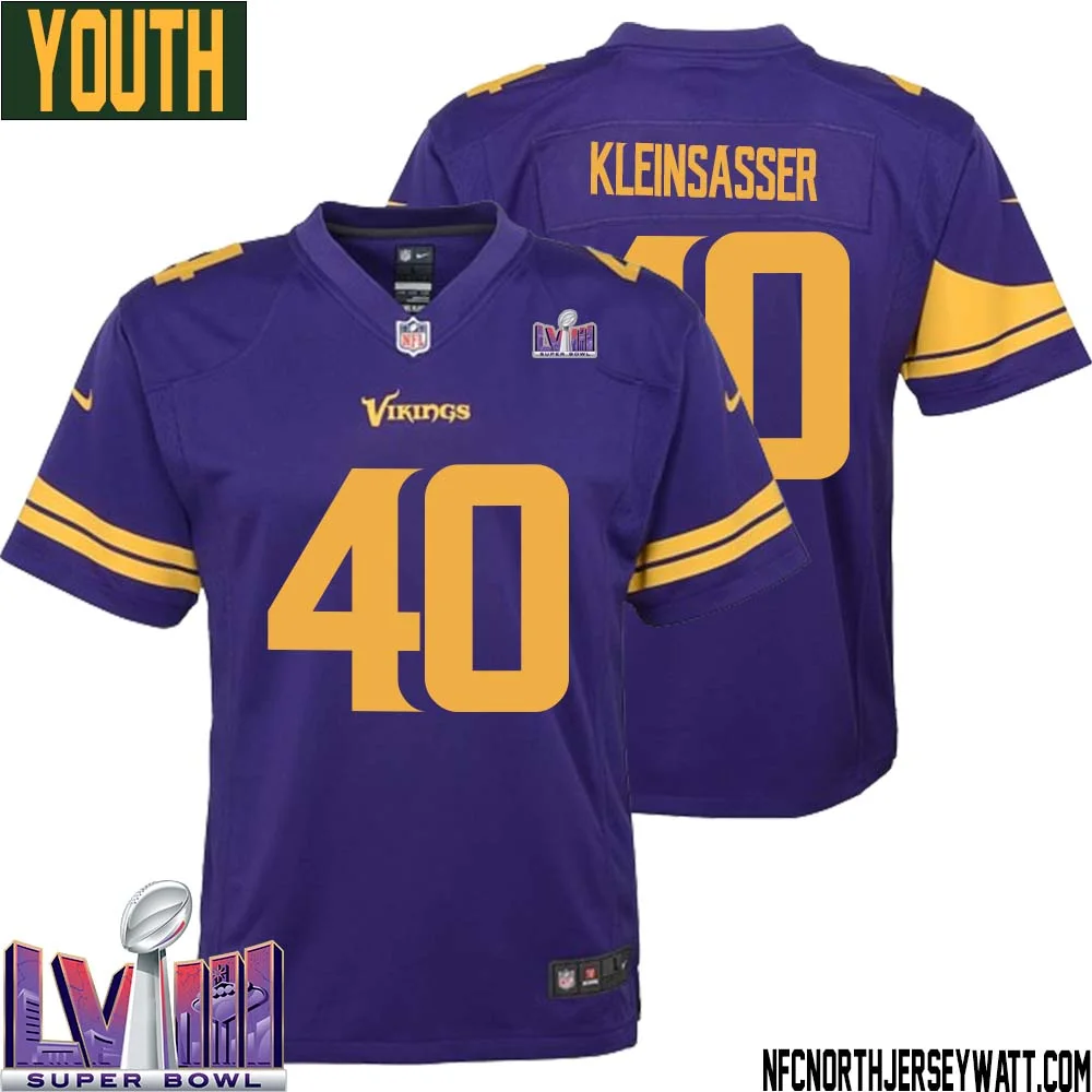 Jim Kleinsasser No 40 Minnesota Vikings Super Bowl LVIII Alternate Game Jersey Purple for Youth