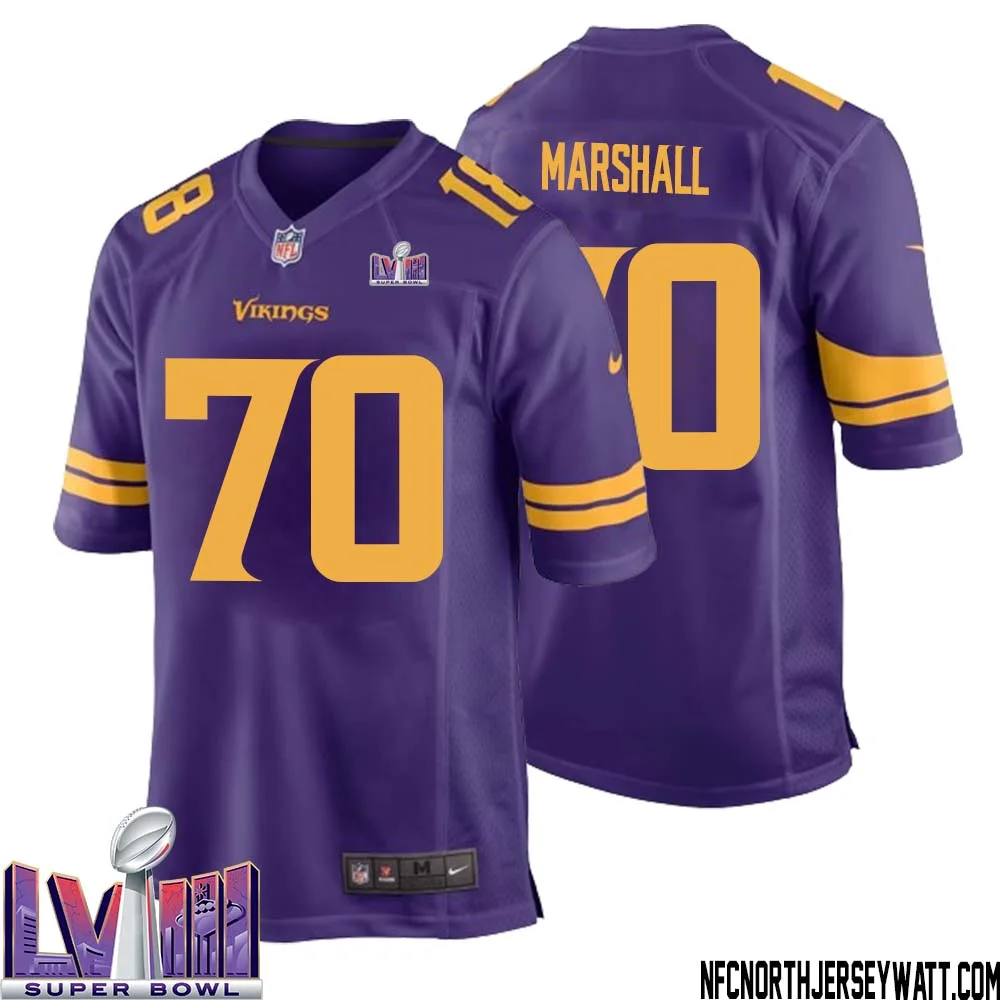 Jim Marshall No 70 Minnesota Vikings Super Bowl LVIII Alternate Game Jersey Purple for Men