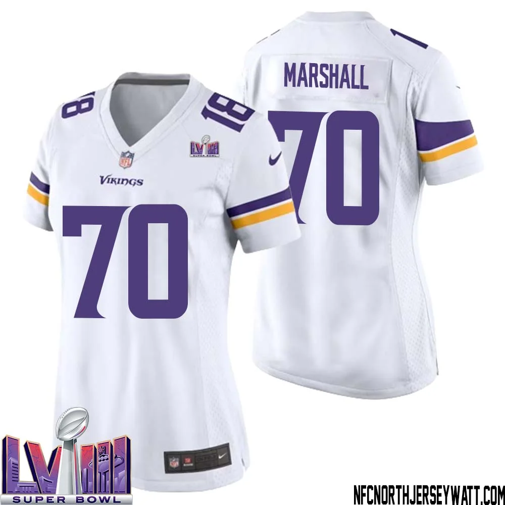 Jim Marshall No 70 Minnesota Vikings Super Bowl LVIII Away Game Jersey White for Women 1