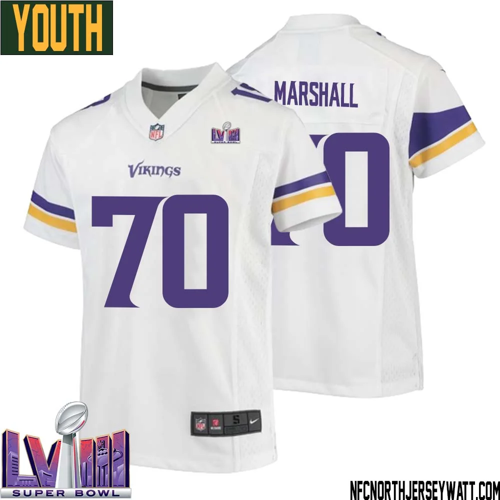 Jim Marshall No 70 Minnesota Vikings Super Bowl LVIII Away Game Jersey White for Youth