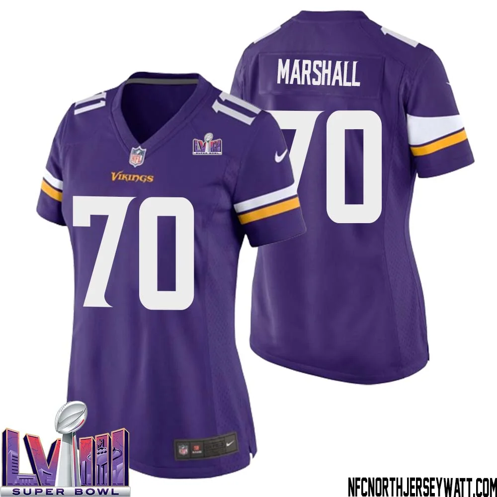 Jim Marshall No 70 Minnesota Vikings Super Bowl LVIII Home Game Jersey Court Purple for Women 1