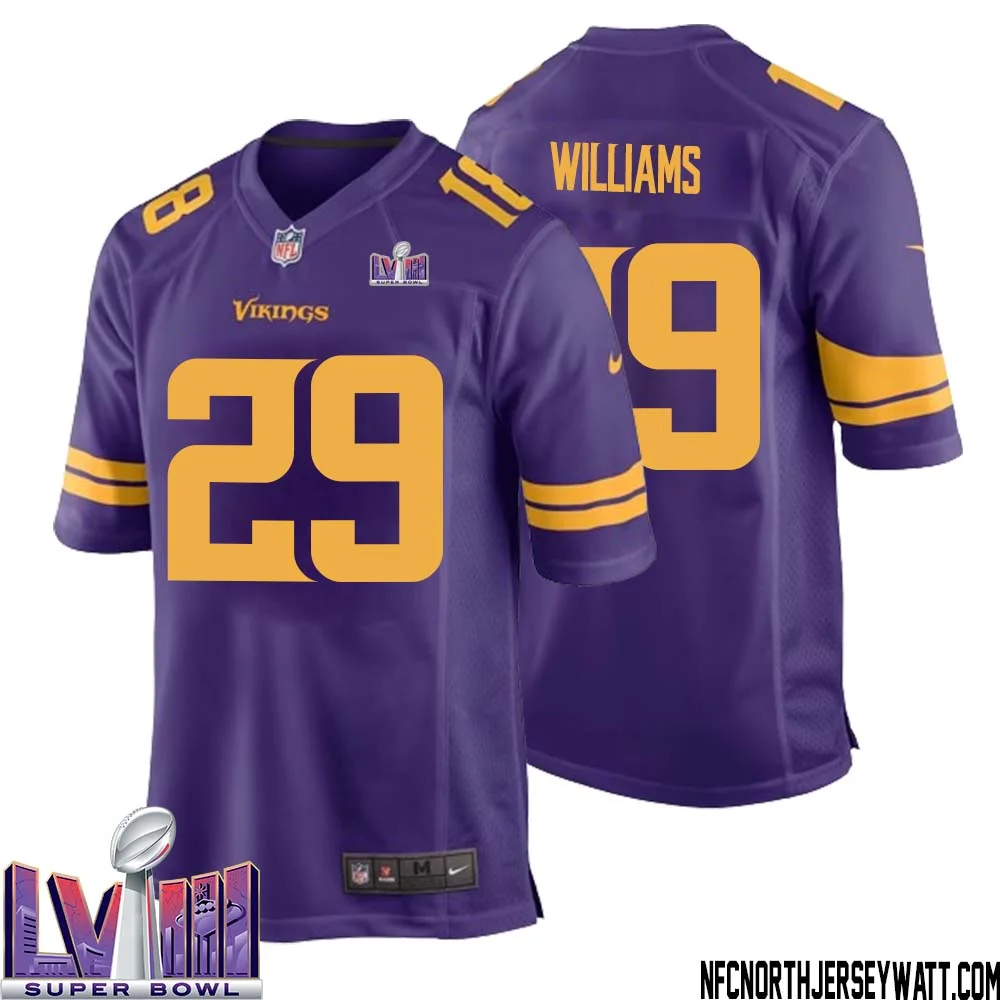 Joejuan Williams No 29 Minnesota Vikings Super Bowl LVIII Alternate Game Jersey Purple for Men