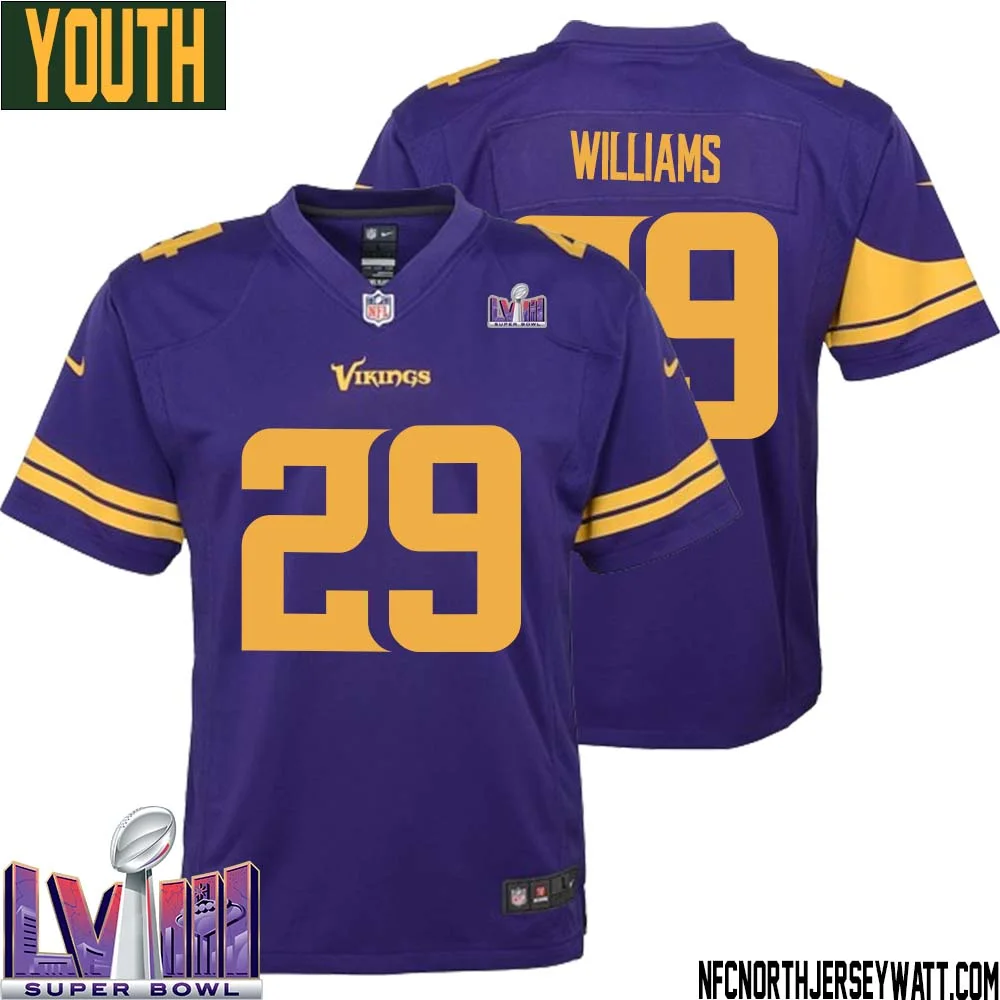 Joejuan Williams No 29 Minnesota Vikings Super Bowl LVIII Alternate Game Jersey Purple for Youth 1