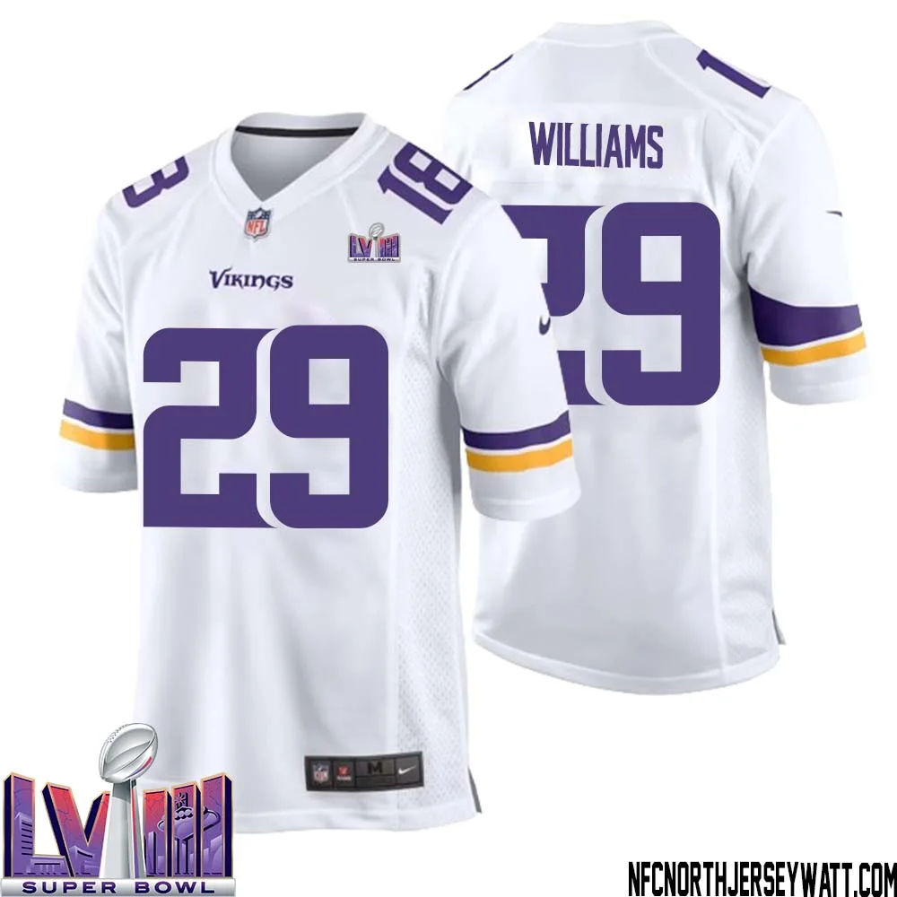 Joejuan Williams No 29 Minnesota Vikings Super Bowl LVIII Away Game Jersey White for Men