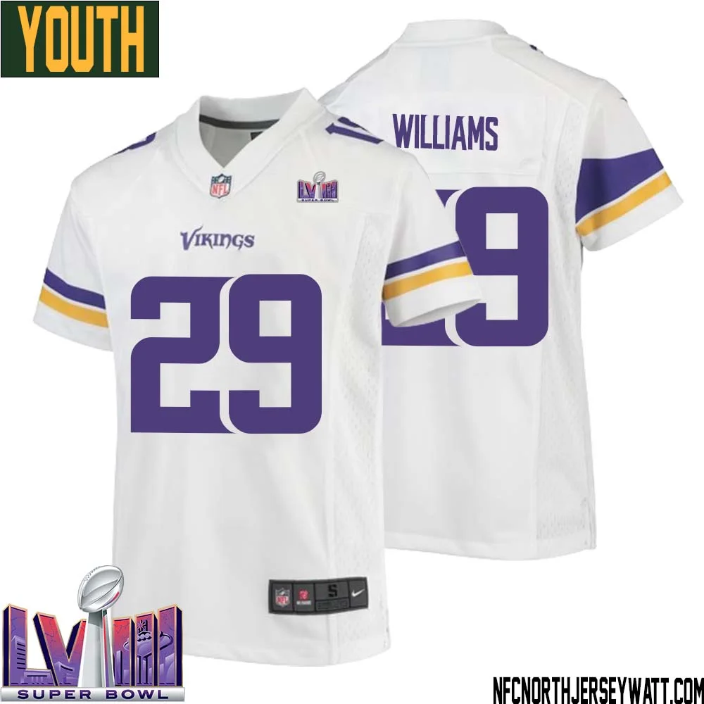 Joejuan Williams No 29 Minnesota Vikings Super Bowl LVIII Away Game Jersey White for Youth