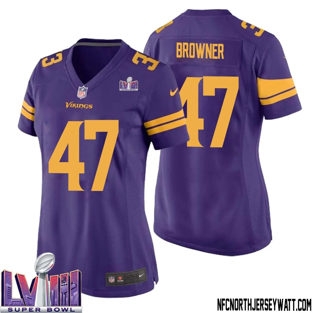 Joey Browner No 47 Minnesota Vikings Super Bowl LVIII Alternate Game Jersey Purple for Women