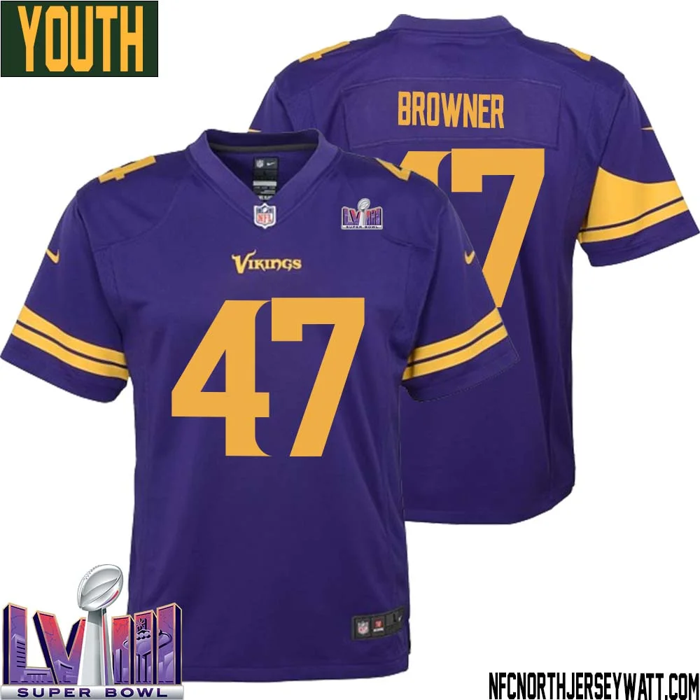 Joey Browner No 47 Minnesota Vikings Super Bowl LVIII Alternate Game Jersey Purple for Youth