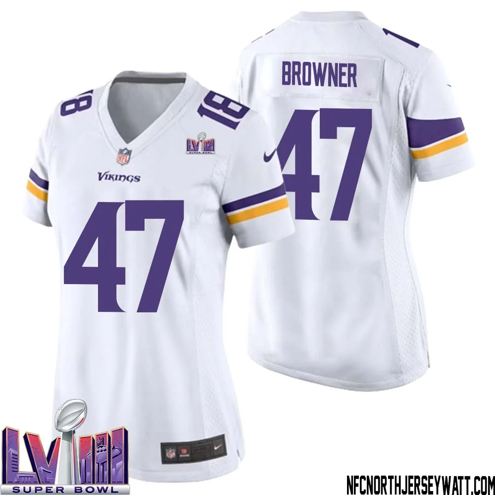 Joey Browner No 47 Minnesota Vikings Super Bowl LVIII Away Game Jersey White for Women 1