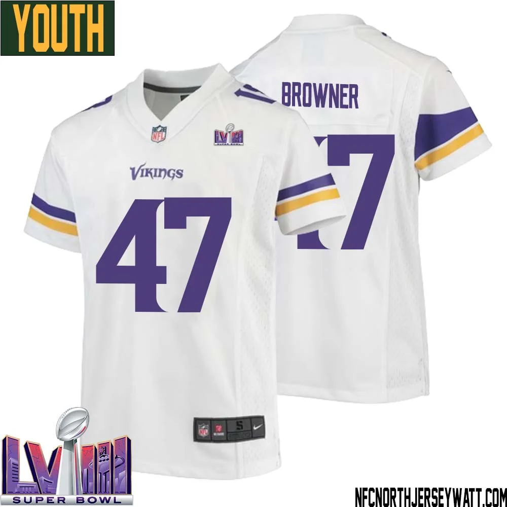 Joey Browner No 47 Minnesota Vikings Super Bowl LVIII Away Game Jersey White for Youth 1