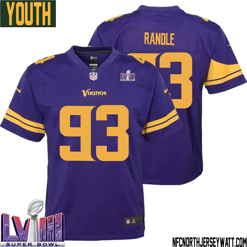 John Randle No 93 Minnesota Vikings Super Bowl LVIII Alternate Game Jersey Purple for Youth