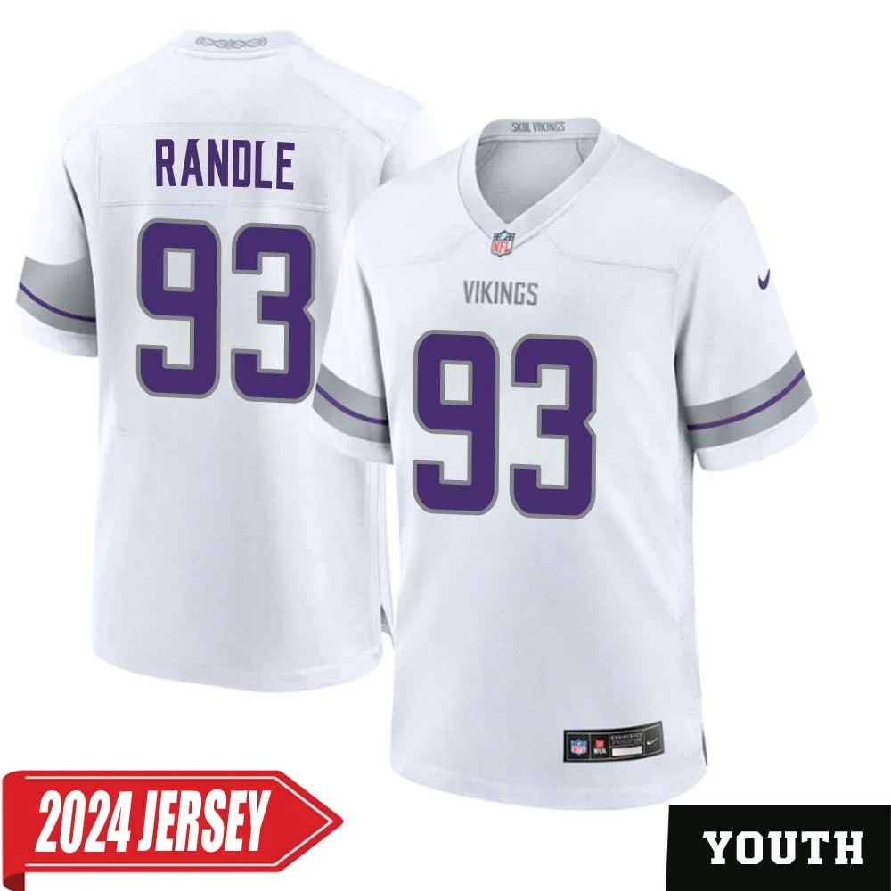 John Randle No 93 Youth s Minnesota Vikings White Alternate Custom Game 2024 Jersey