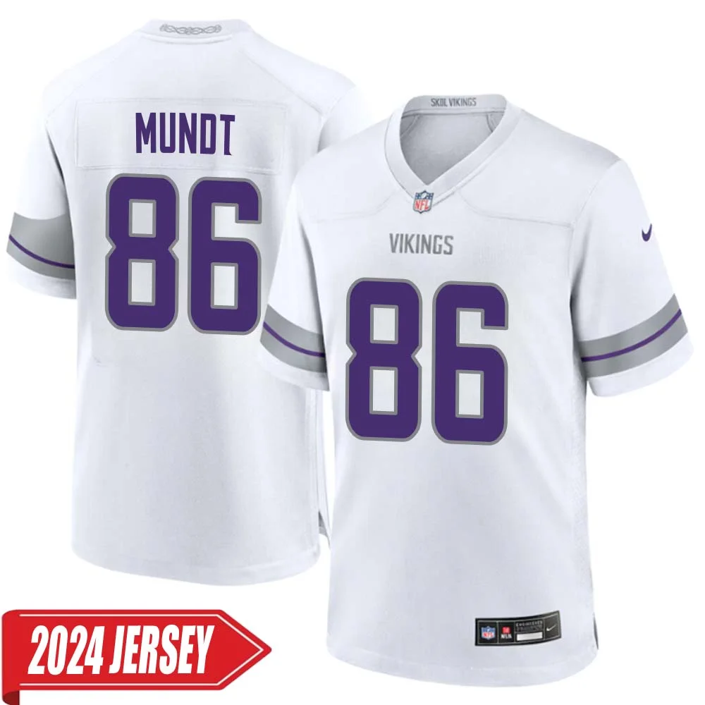Johnny Mundt No 86 Men s Minnesota Vikings White Alternate Custom Game 2024 Jersey