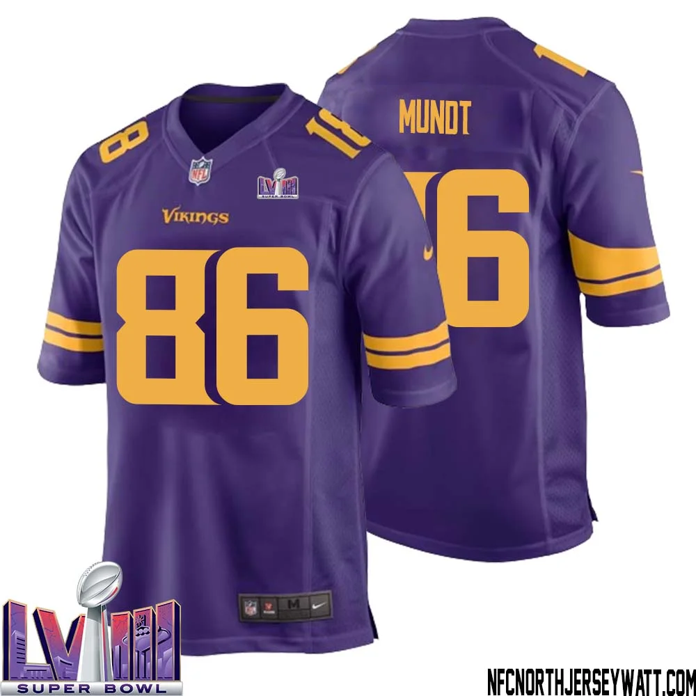 Johnny Mundt No 86 Minnesota Vikings Super Bowl LVIII Alternate Game Jersey Purple for Men