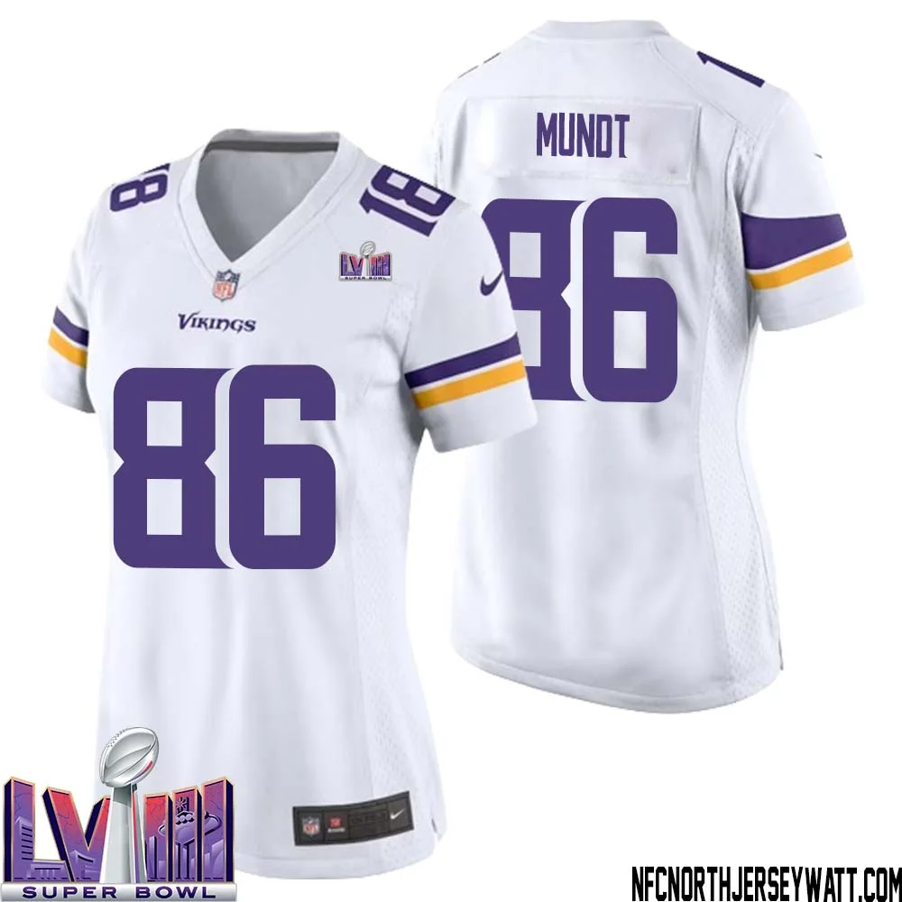 Johnny Mundt No 86 Minnesota Vikings Super Bowl LVIII Away Game Jersey White for Women 1