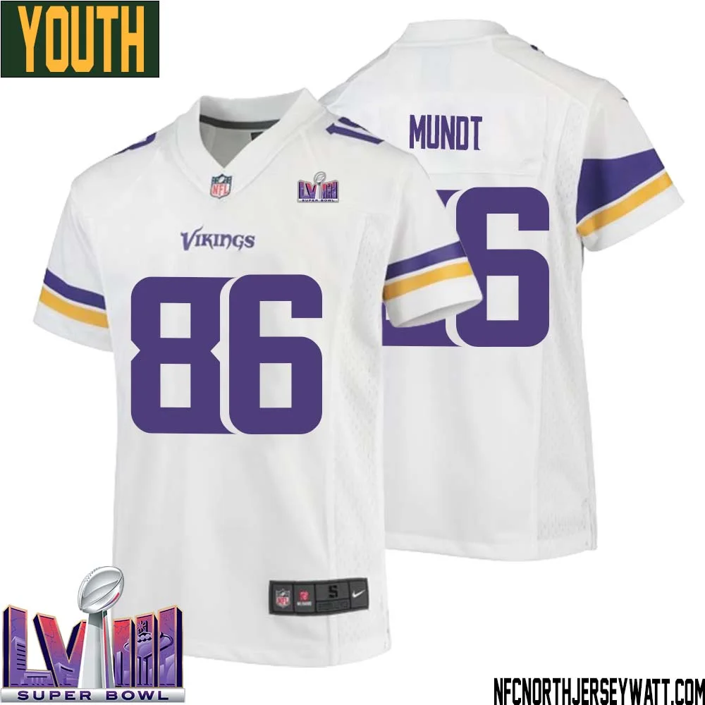 Johnny Mundt No 86 Minnesota Vikings Super Bowl LVIII Away Game Jersey White for Youth