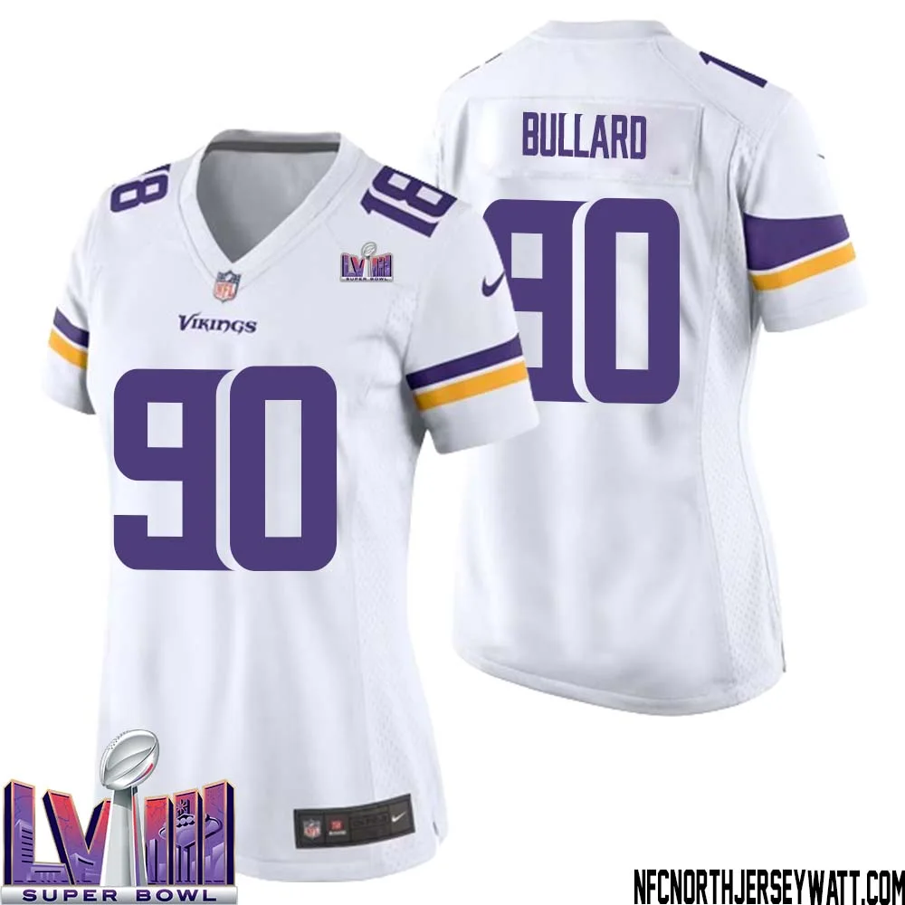 Jonathan Bullard No 90 Minnesota Vikings Super Bowl LVIII Away Game Jersey White for Women 1