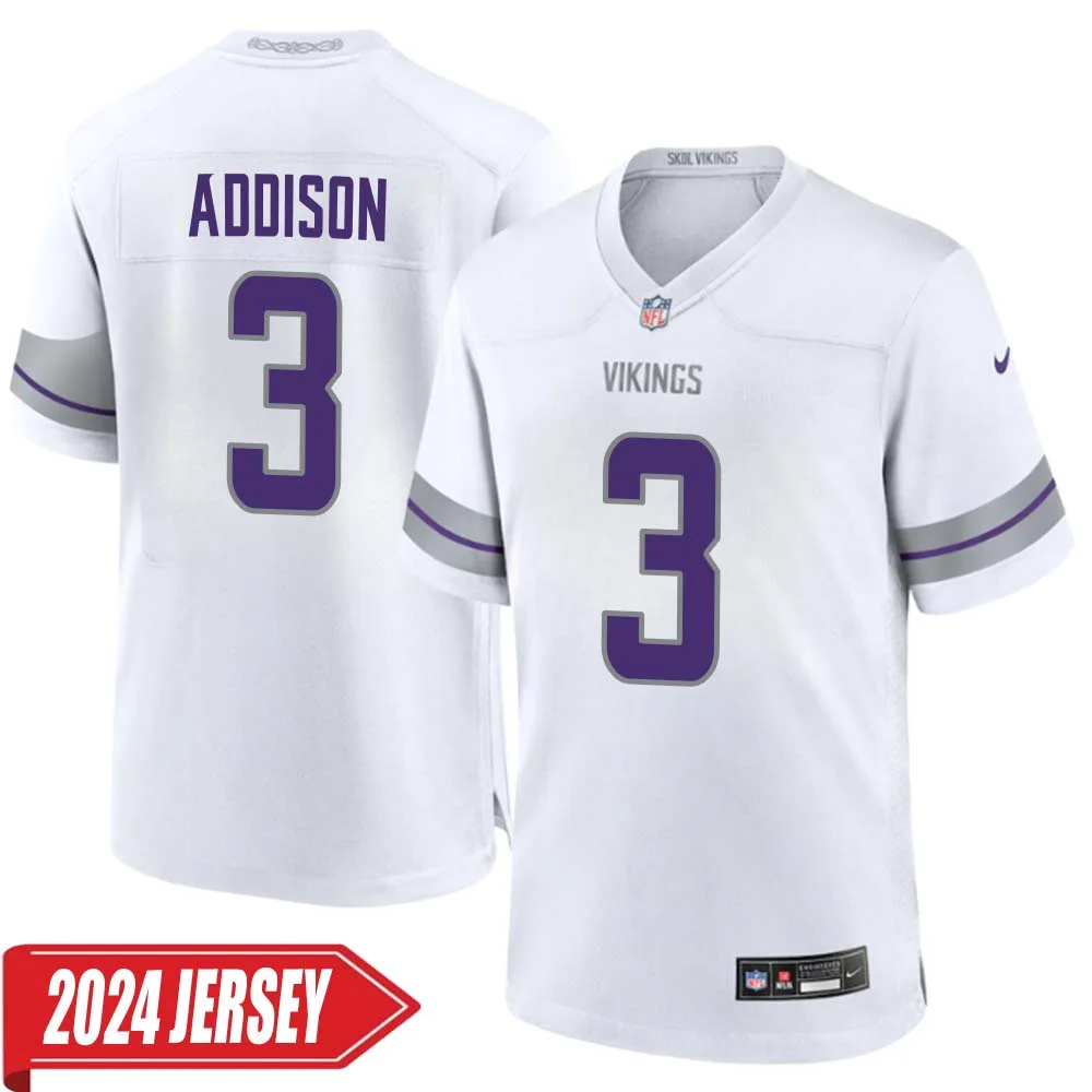 Jordan Addison No 3 Men s Minnesota Vikings White Alternate Custom Game 2024 Jersey