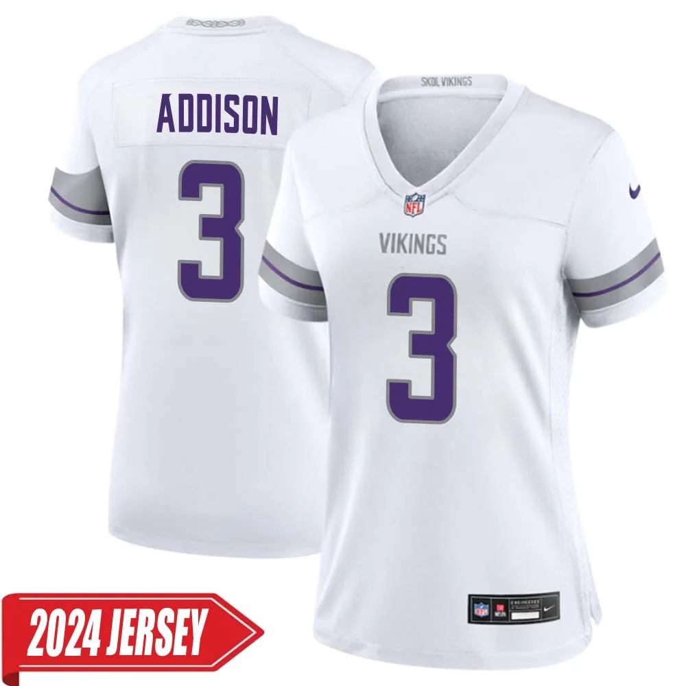 Jordan Addison No 3 Woman s Minnesota Vikings White Alternate Custom Game 2024 Jersey