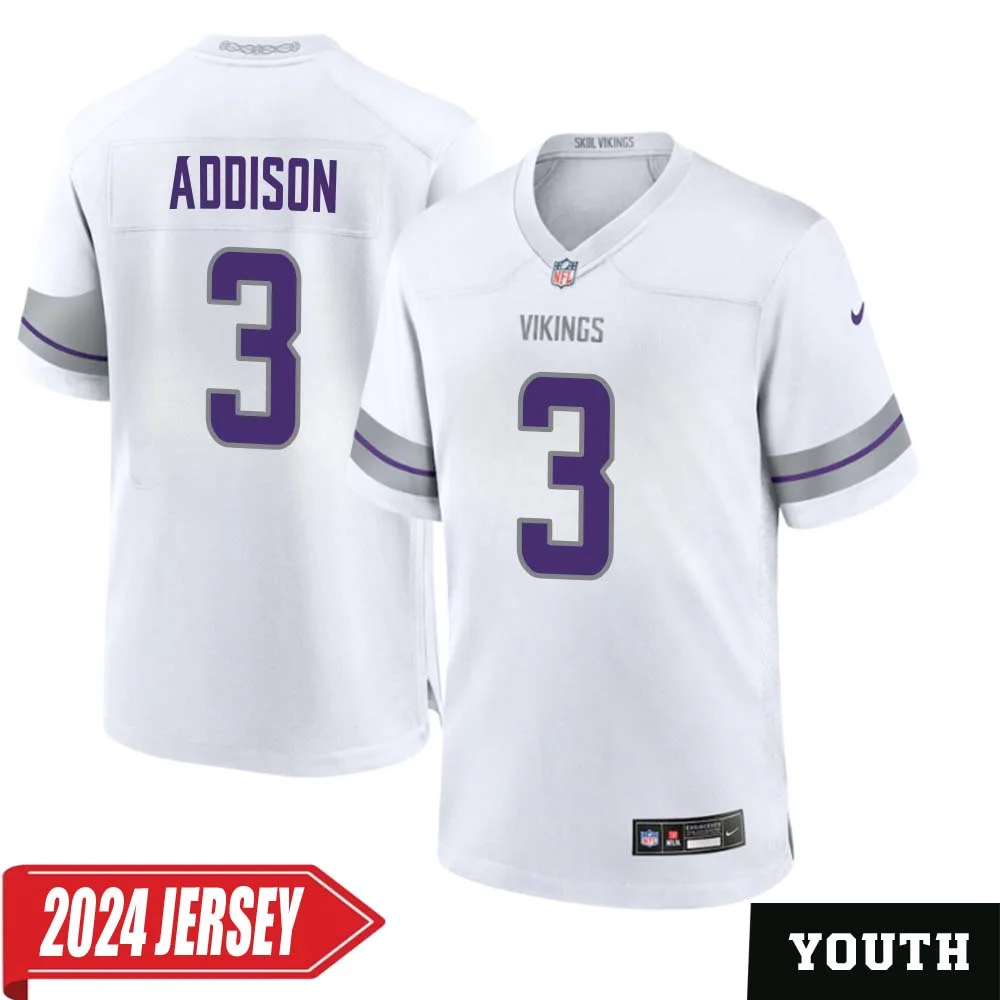 Jordan Addison No 3 Youth s Minnesota Vikings White Alternate Custom Game 2024 Jersey