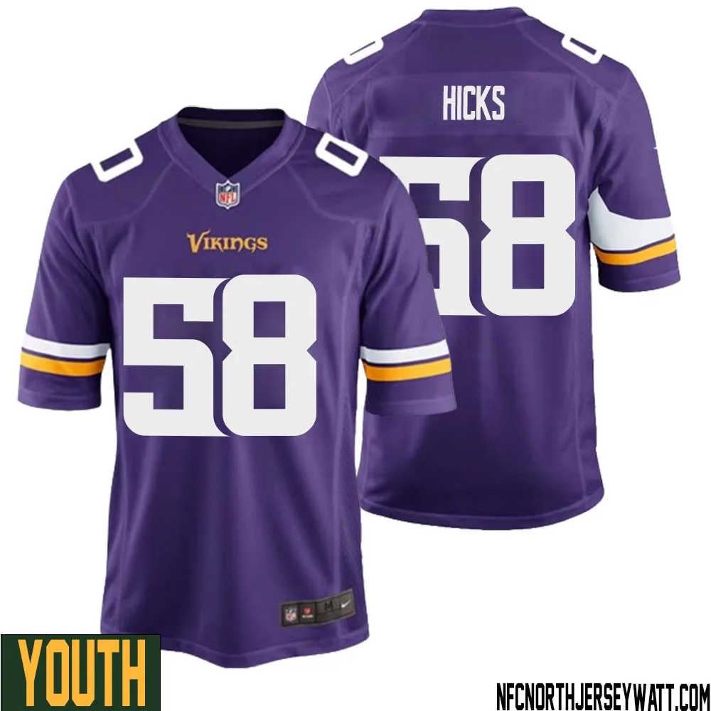 Jordan Hicks No 58 Minnesota Vikings Game Jersey Court Purple for Youth