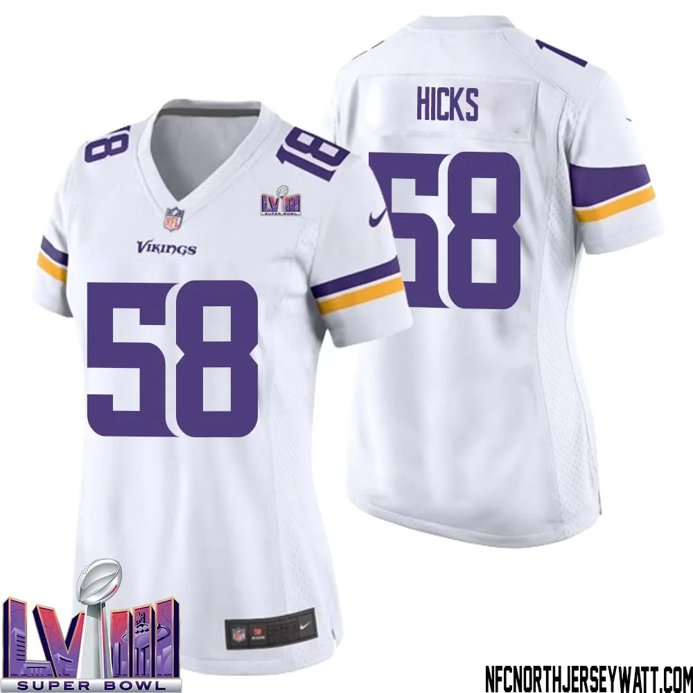 Jordan Hicks No 58 Minnesota Vikings Super Bowl LVIII Away Game Jersey White for Women 1