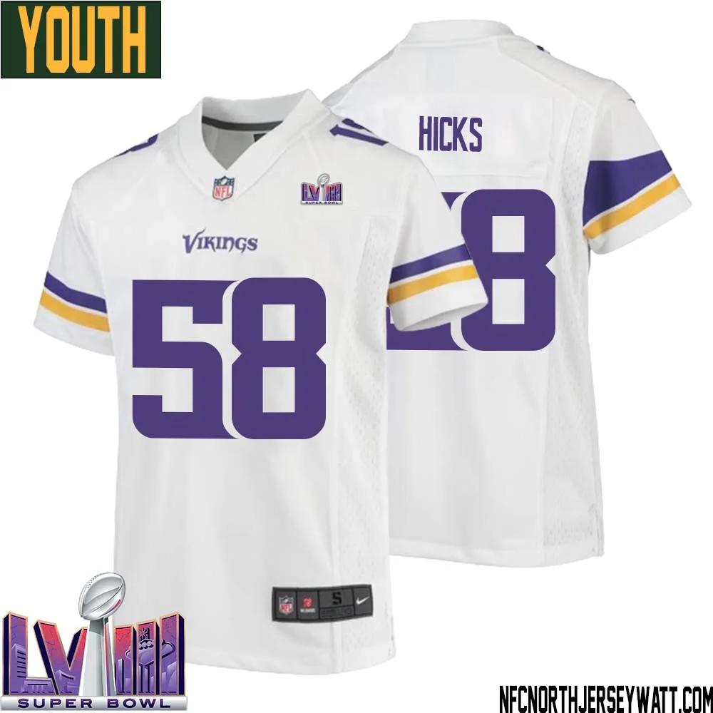 Jordan Hicks No 58 Minnesota Vikings Super Bowl LVIII Away Game Jersey White for Youth 1
