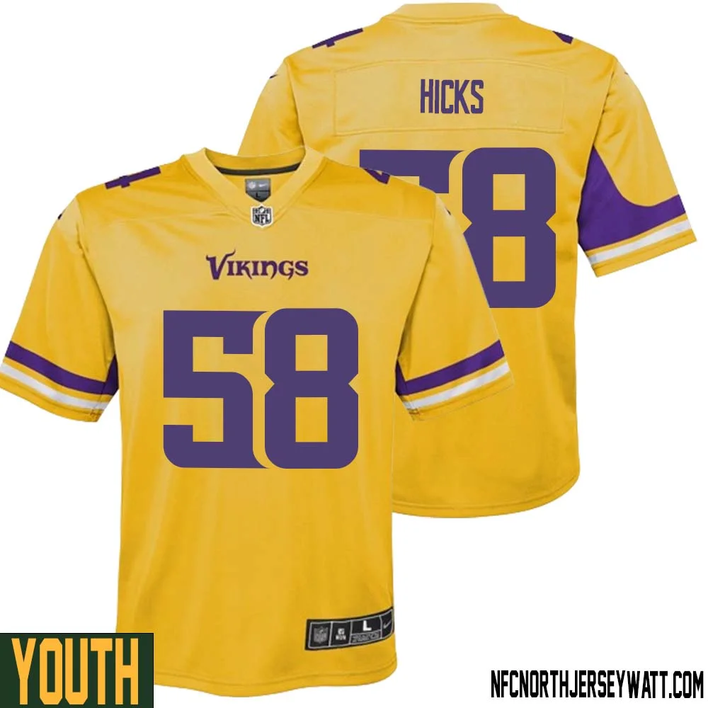Jordan Hicks No 58 Youth Minnesota Vikings Gold Inverted Legend Jersey 1