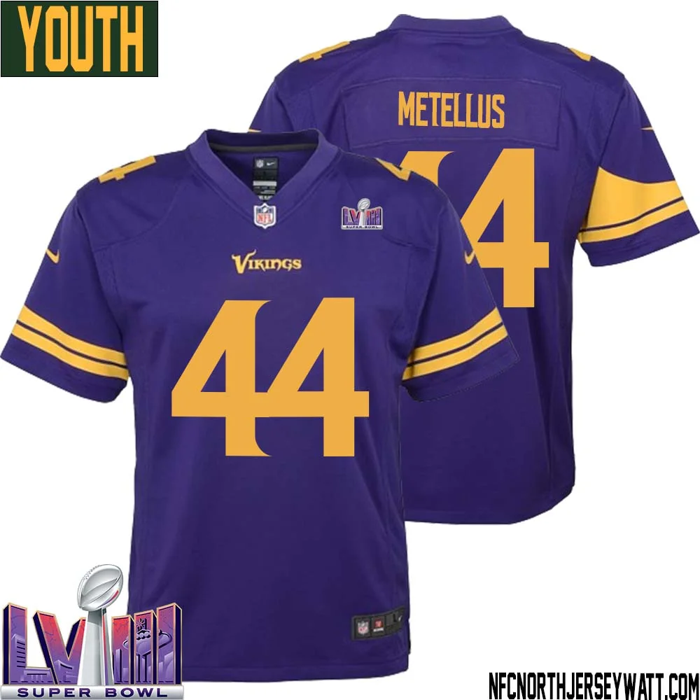 Josh Metellus No 44 Minnesota Vikings Super Bowl LVIII Alternate Game Jersey Purple for Youth 1
