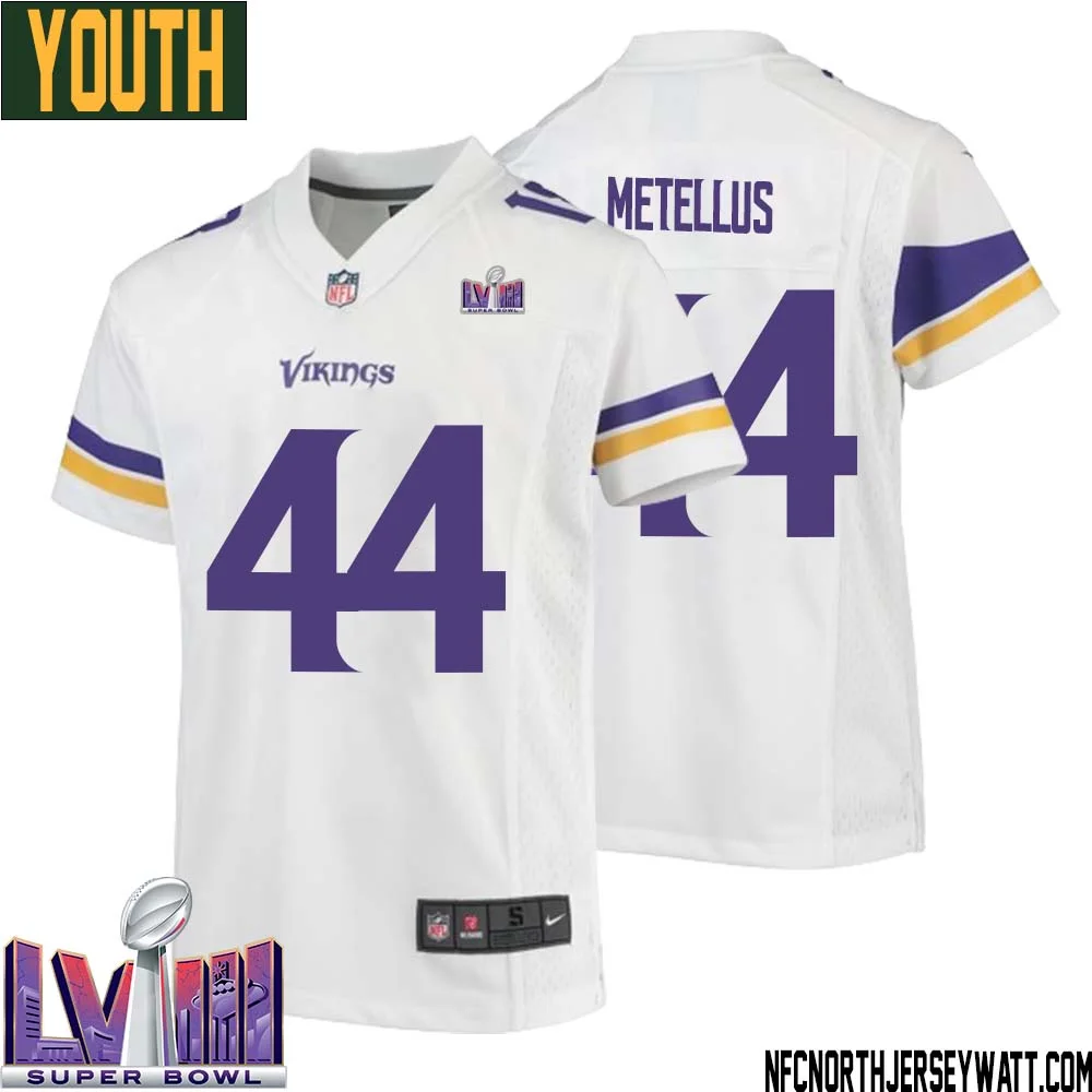 Josh Metellus No 44 Minnesota Vikings Super Bowl LVIII Away Game Jersey White for Youth