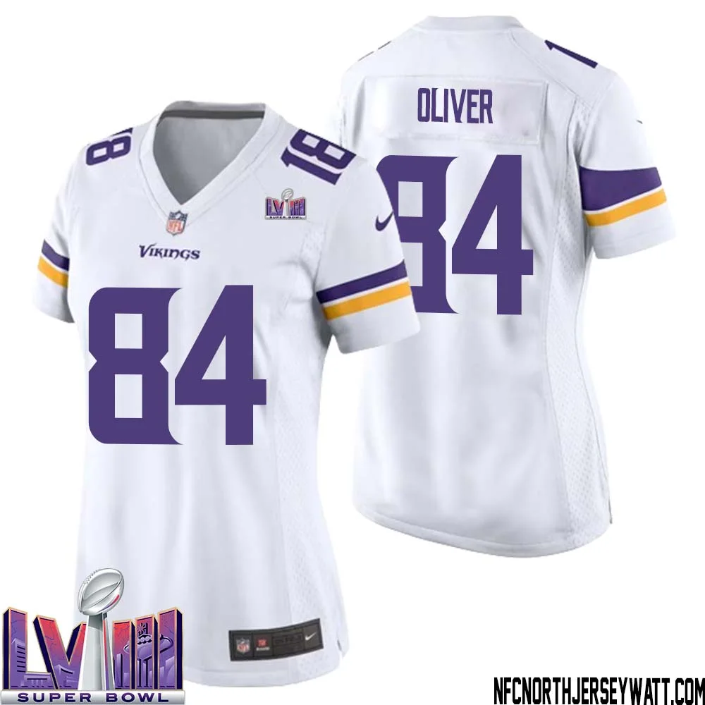 Josh Oliver No 84 Minnesota Vikings Super Bowl LVIII Away Game Jersey White for Women