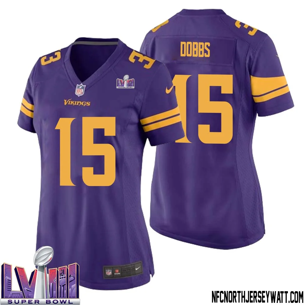 Joshua Dobbs No 15 Minnesota Vikings Super Bowl LVIII Alternate Game Jersey Purple for Women 1