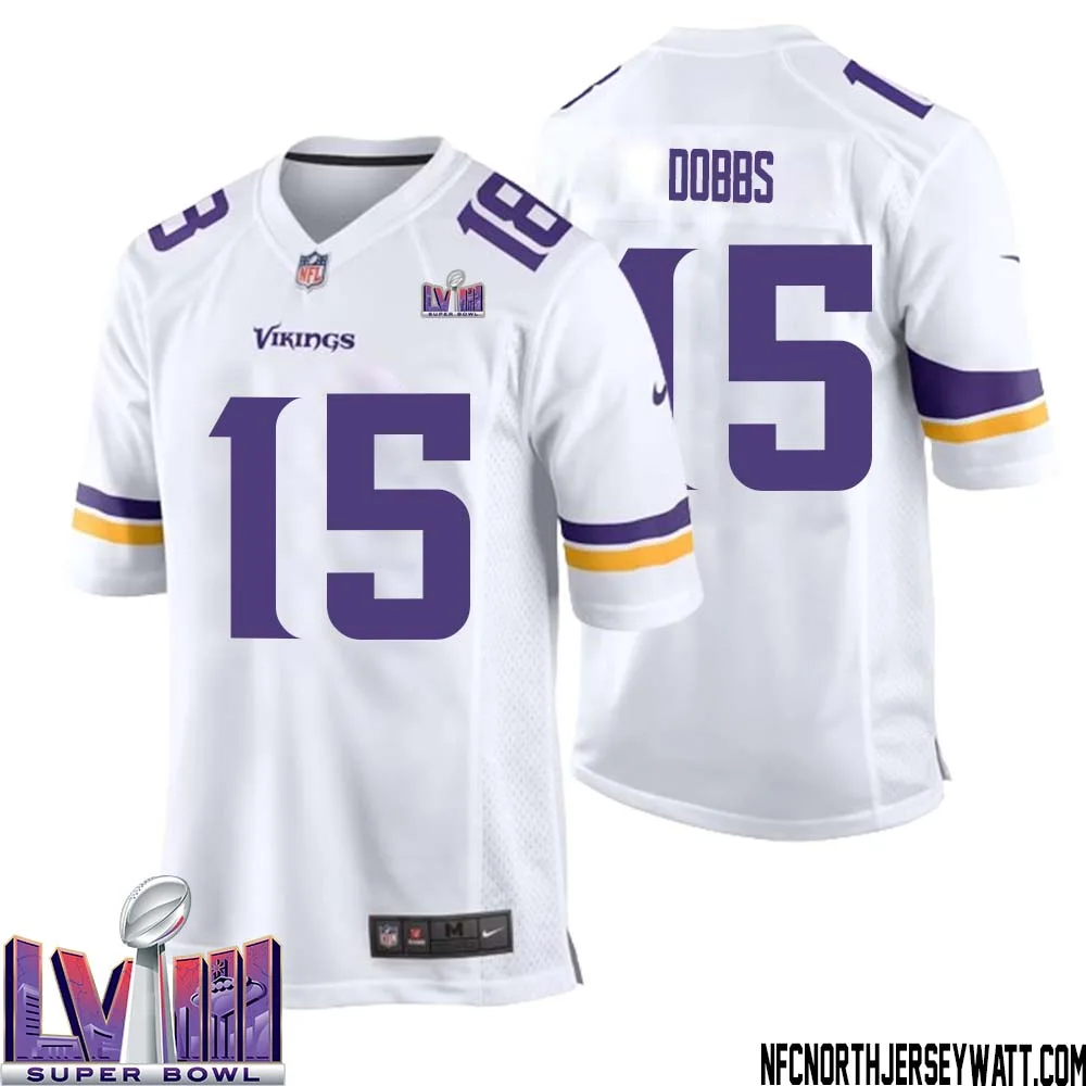 Joshua Dobbs No 15 Minnesota Vikings Super Bowl LVIII Away Game Jersey White for Men 1