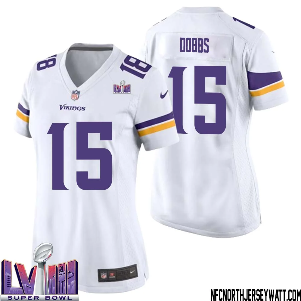 Joshua Dobbs No 15 Minnesota Vikings Super Bowl LVIII Away Game Jersey White for Women 1