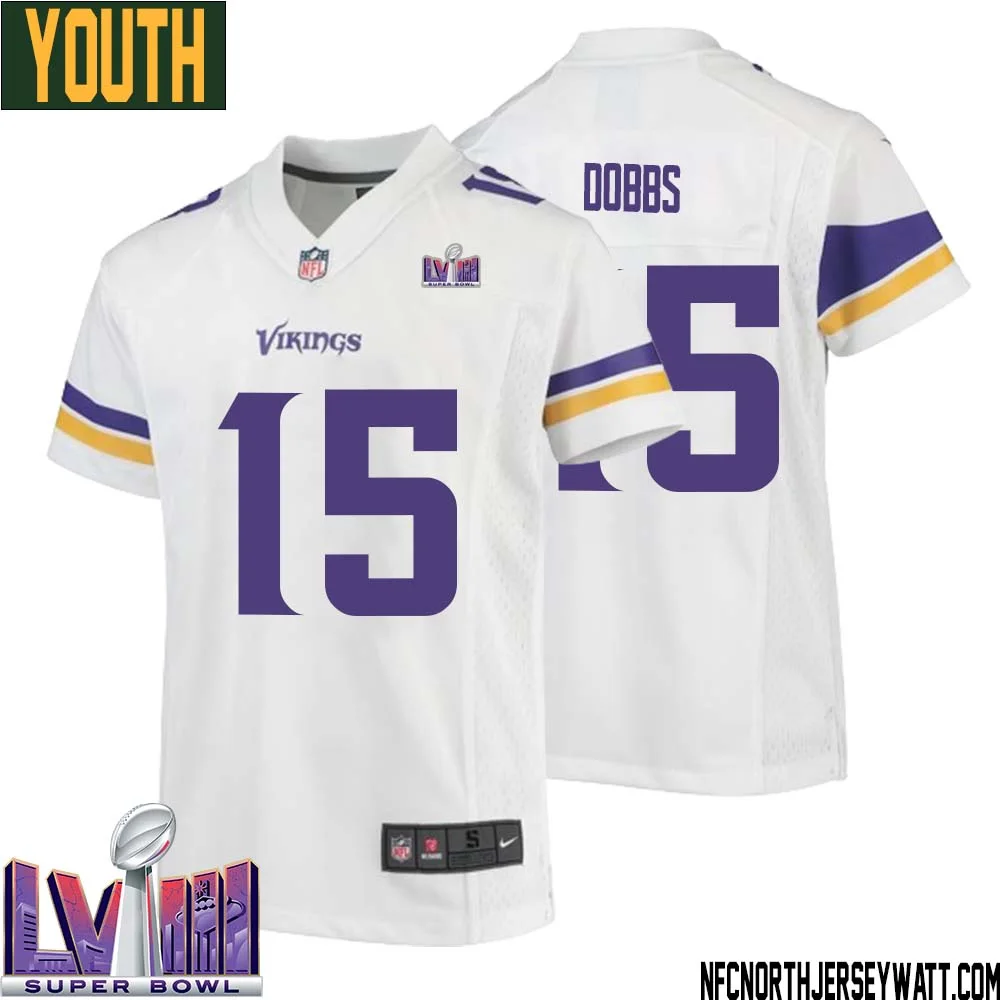 Joshua Dobbs No 15 Minnesota Vikings Super Bowl LVIII Away Game Jersey White for Youth