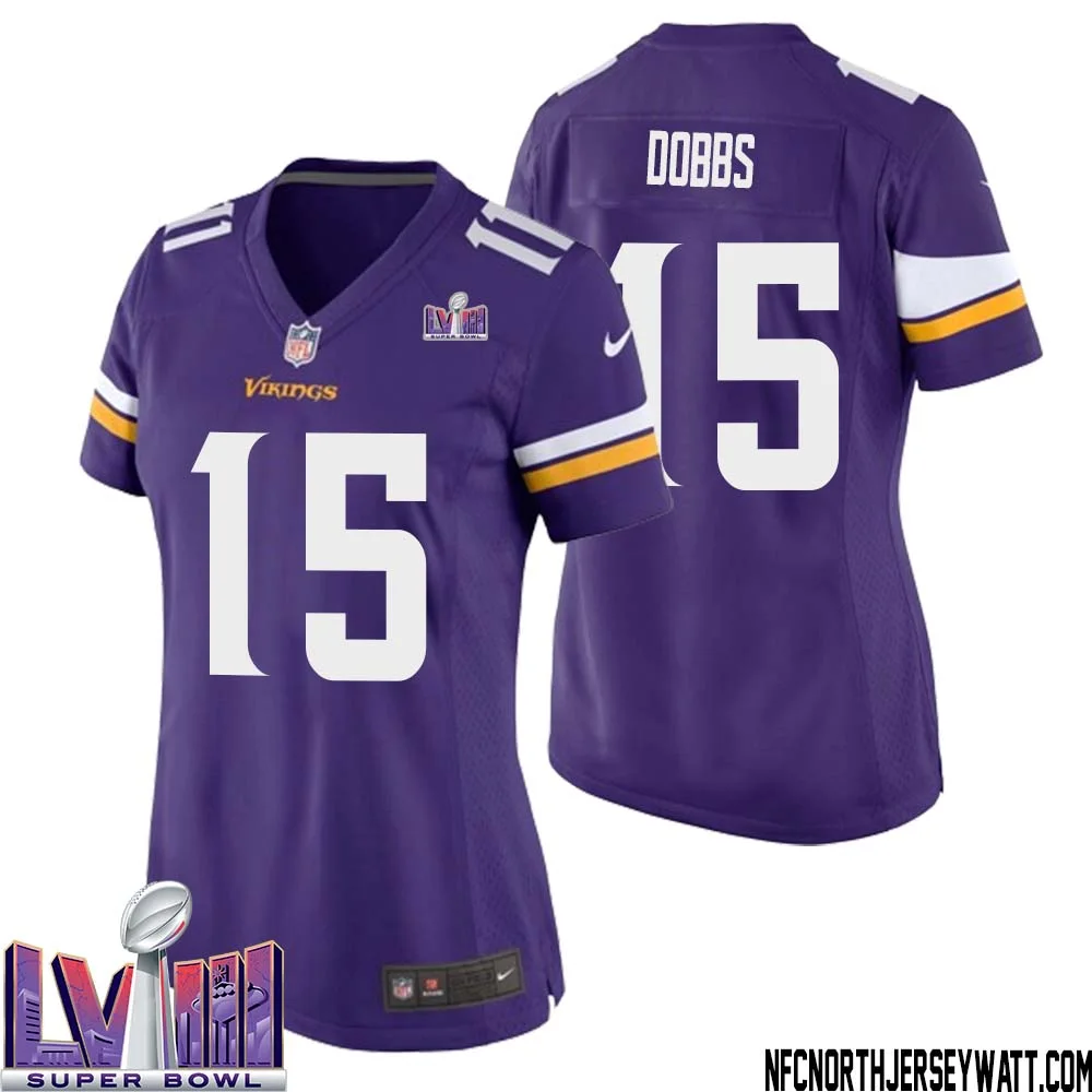 Joshua Dobbs No 15 Minnesota Vikings Super Bowl LVIII Home Game Jersey Court Purple for Women