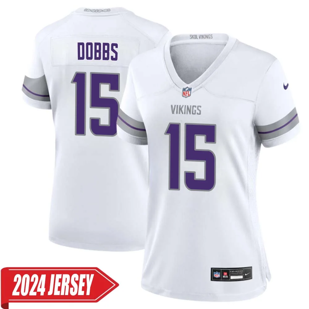 Joshua Dobbs No 15 Woman s Minnesota Vikings White Alternate Custom Game 2024 Jersey
