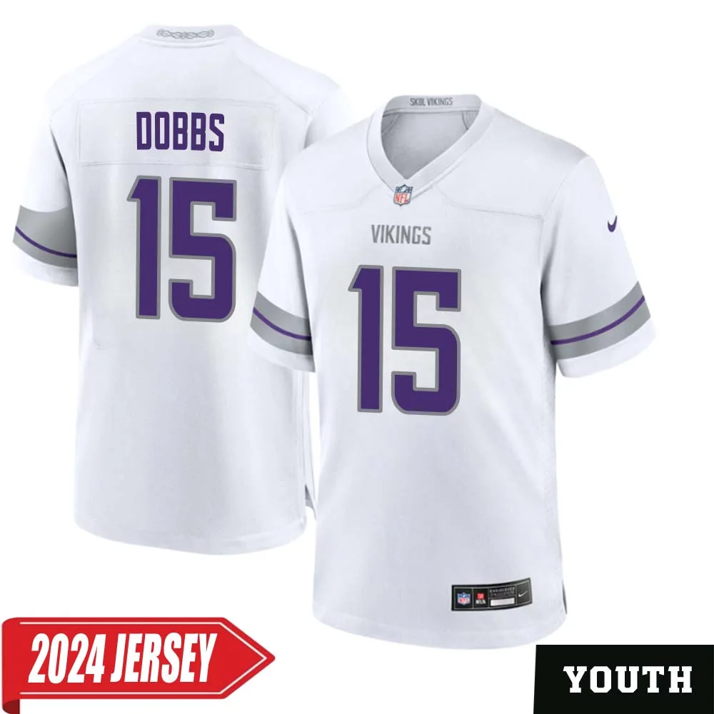 Joshua Dobbs No 15 Youth s Minnesota Vikings White Alternate Custom Game 2024 Jersey