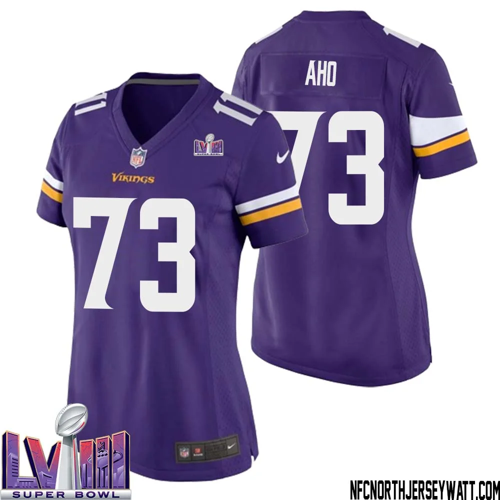 Junior Aho No 73 Minnesota Vikings Super Bowl LVIII Home Game Jersey Court Purple for Women 1