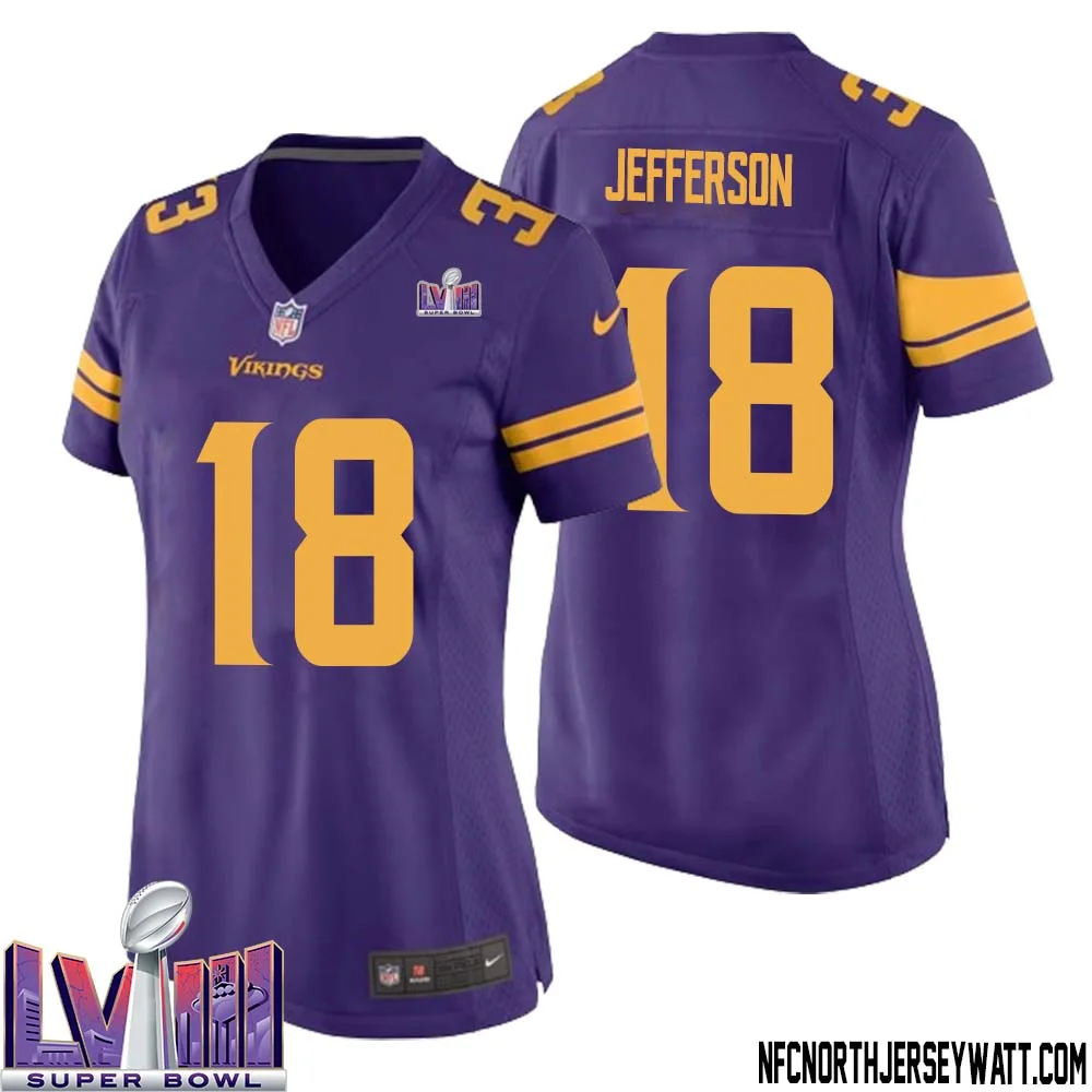 Justin Jefferson No 18 Minnesota Vikings Super Bowl LVIII Alternate Game Jersey Purple for Women