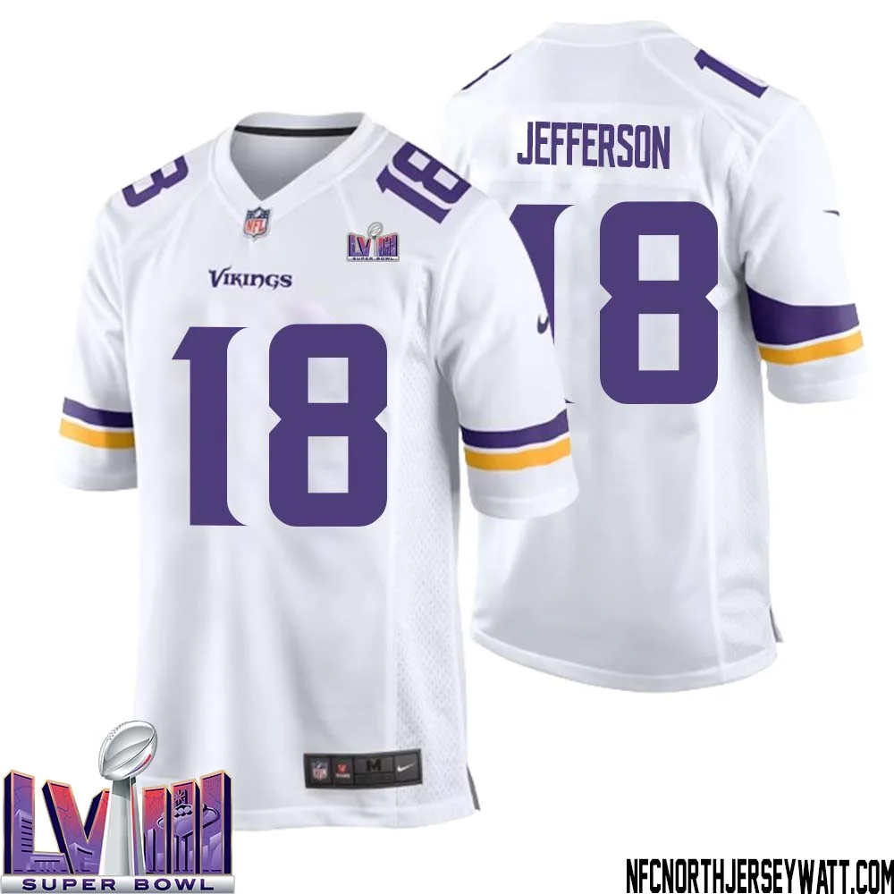 Justin Jefferson No 18 Minnesota Vikings Super Bowl LVIII Away Game Jersey White for Men 1
