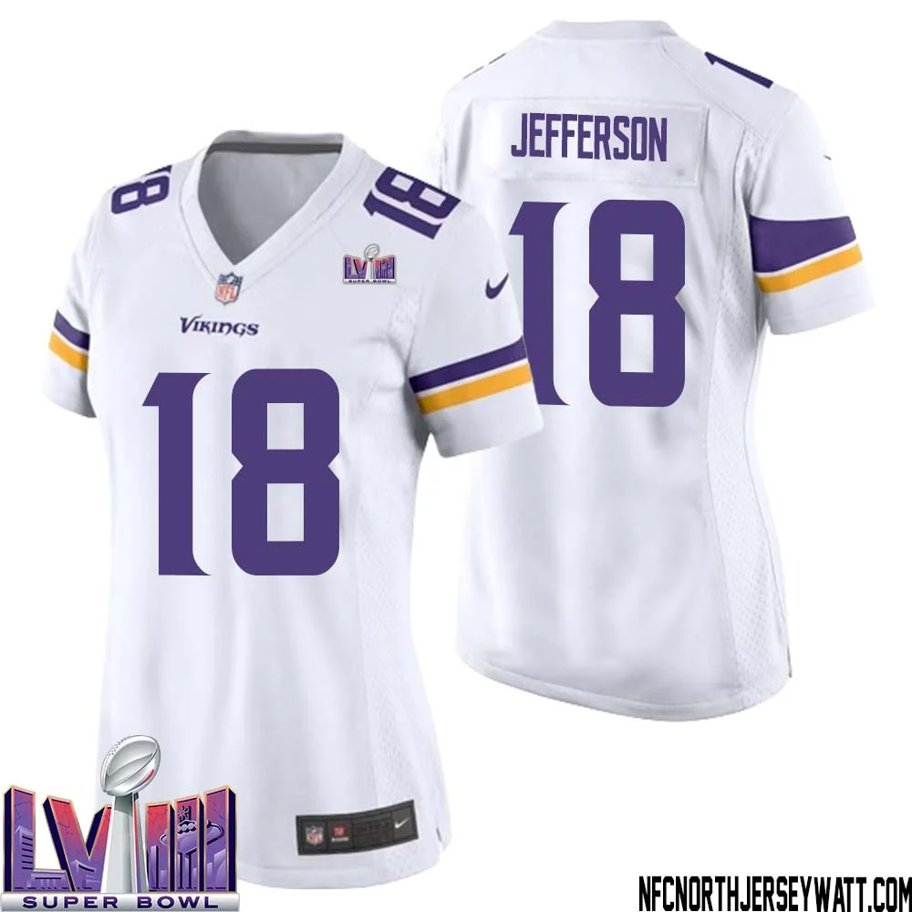 Justin Jefferson No 18 Minnesota Vikings Super Bowl LVIII Away Game Jersey White for Women